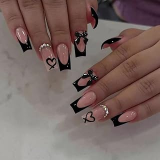 CTTHNBD Medium Coffin Press on Nails: Black French Tip with Bow & Heart Charms, Reusable Fake Nails 24pcs for Women