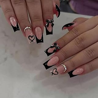 Medium Press on Nails Coffin - Black French Tip Fake Nails with Bow Charms Design - Heart False Nails Press ons - for Women 24 Pcs