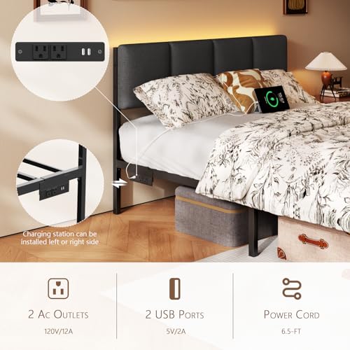 Furnulem Full Size Bed Frame with Headboard, Upholstered Full Bed Frame with LED Light, USB Charging Station, Platform Bedframe with 2 Fabric Underbed Storage Drawers, No Spring Box Needed - Thumbnail 6