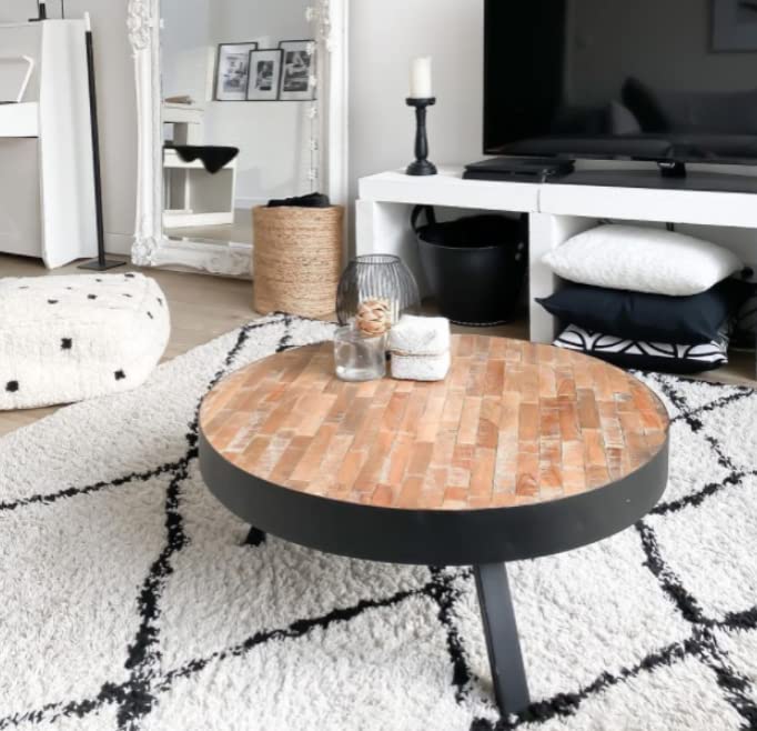 Round Industrial Coffee Table Rustic Solid Teak Wood Vintage Retro Style Furniture Small Metal Legs Large Side End Shabby Chic Farmhouse Living Room