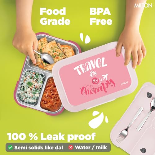 Image of MILTON Bravo 3 Inner Stainless Steel Tiffin Box for School, 3 Partition, Steam Release Plug| PU Insulated, Leak-Proof, Food Grade I Lunch Box for Kids Boys, Girls with Snap Lock Lid, 600 ml, Pink