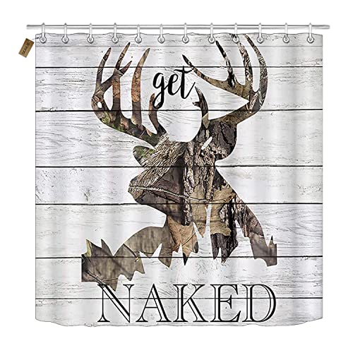 Skailié 4Pcs Rustic Deer Shower Curtain Set, Double Exposure White Wood Planks Camo Woodland Elk Moose Wildlife Hunting Cabin Lodge Country Farmhouse Bathroom Decor, Non-Slip Bath Rugs, Funny Quotes #TOP1