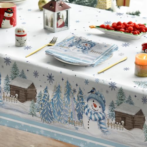 Horaldaily Christmas Tablecloth 60×84 Inch Rectangular, Blue Snowman Pine Snow Washable Table Cover for Party Picnic Dinner Decor – Image 4