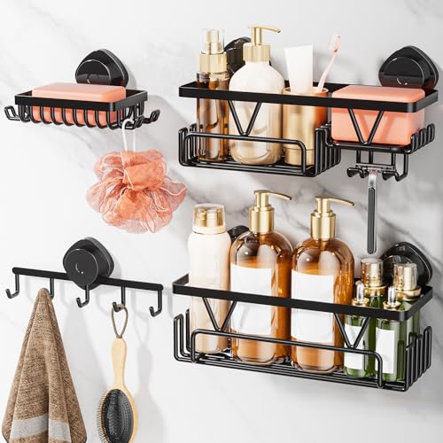 KEGII Suction Cup Shower Caddy - 4-Piece Suction Cup Shower Organiser Set with 2 Bathroom Shelf Soap Holder & Hooks Black No Drill Storage for Bathroom Kitchen Laundry Room