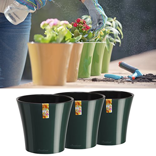 Santino, Self Watering Planters Arte 7.7 Inch Green/Black, Indoor Flower Pots for All House Plants, Flowers, Herbs, Succulents, Set of 3