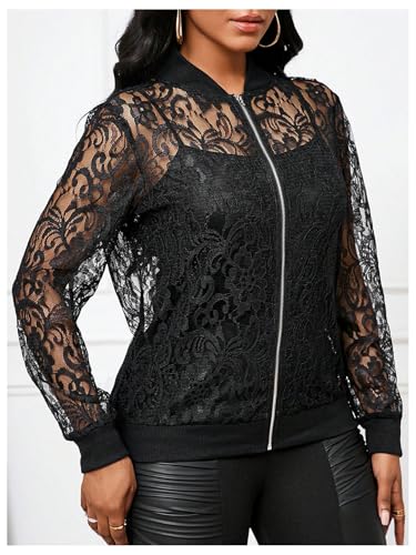 OYOANGLE Women's Lace Long Sleeve Bomber Jacket Stand Collar Sheer Zip Up Jackets Outwear2