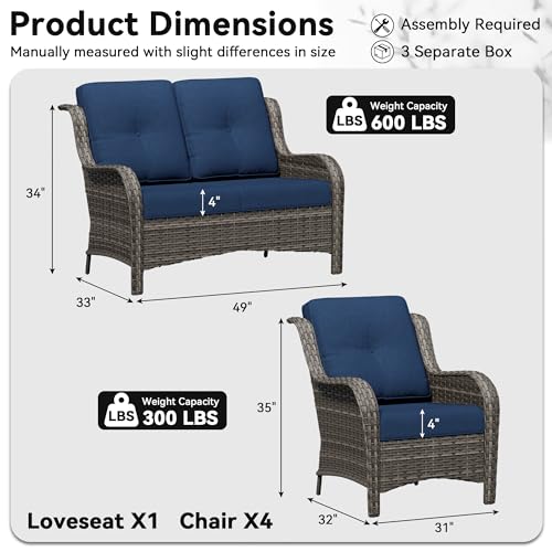 Image of 5 Piece Outdoor Wicker Patio Furniture Set, Patio Chairs Set with Thickened Olefin Cushions, High Back and Deep Seating, Hand-Woven PE Rattan for Porch, Deck