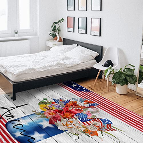4Th Of July Area Rug For Bedroom Living Room- Flower Patriotic Retro Wooden Planks Independence Day Contemporary Floor Carpet Comfy Runner Rug Nursery Playmats Home Decor Mat, #TOP5