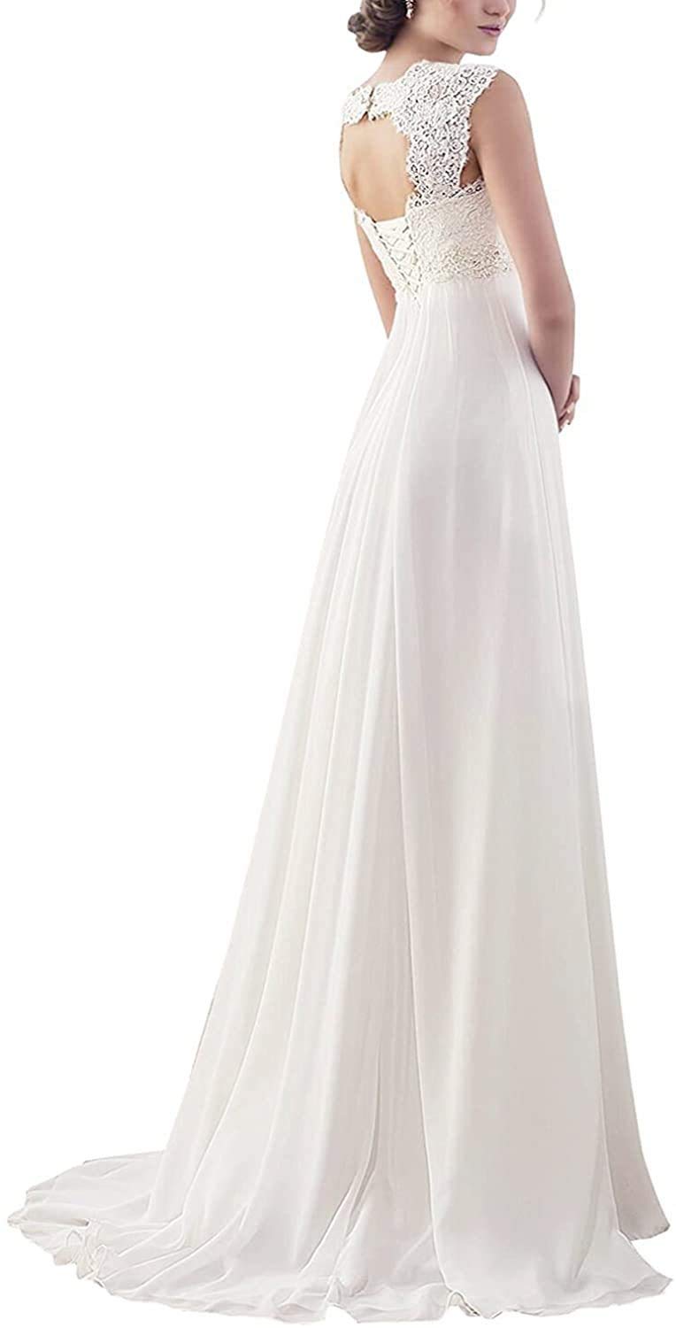Lungo Elegante Chiffon Pizzo Abiti da Sera Abiti da Sposa Senza Maniche, Avorio, 50