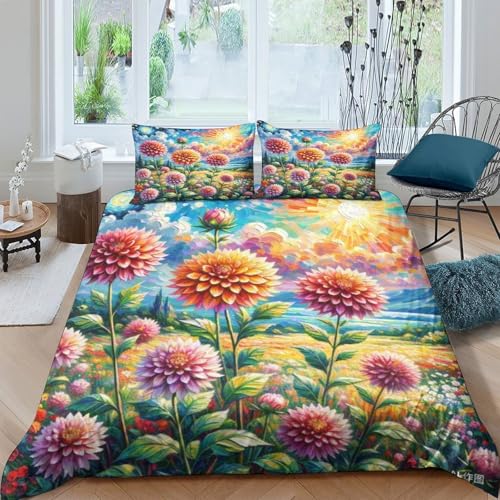 Housse de couette imprimée 3D Dahlie microfibre douce avec fermeture éclair cachée
