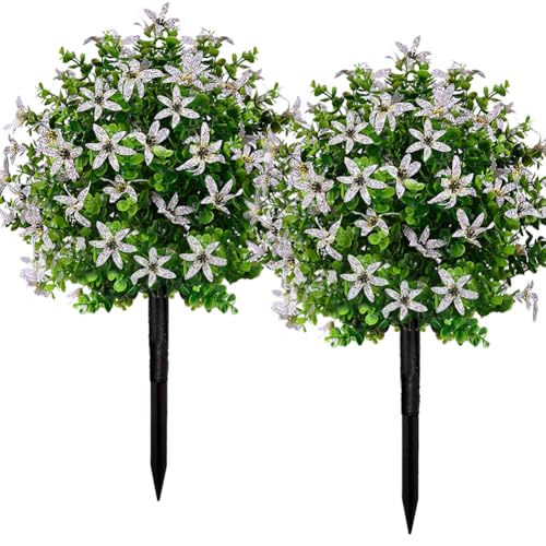 MTICYL 23.6in Artificial Boxwood Topiary Ball Trees with Flowers,2 Pack UV Resistant Faux Greenery Shrubs for Outdoor with Ground Spike,Fake Boxwood Plants for Front Porch Garden Yard