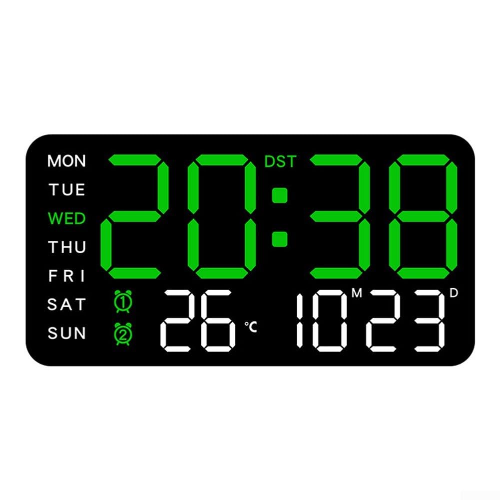 Reloj de pared digital LED con visualización de temperatura, fecha, semana, mesa, despertador, funcional, reloj de pared digital convenientemente activado por voz (E)