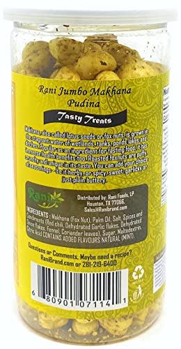 Image of Rani Jumbo Phool Makhana (Fox Nut /Popped Lotus Seed) Mint (Pudina) Savory Flavor 2.29oz (65g) Vacuum Sealed, Easy Open Top, Resealable Container ~ Indian Tasty Treats | Vegan | NON-GMO | Indian Origin