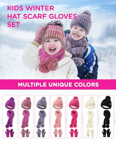Image of Kids Winter Hat Scarf Gloves Set - Girls Boys Fleece Lined Beanie Hat with Pom Knit Scarf Warm Mittens for Children