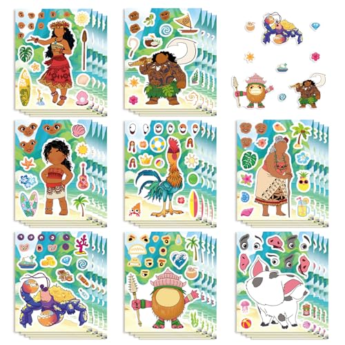 24Sheets Moana Make-a-face Stickers Pack Mixed & Matched with 8 Designed Characters(3 of Each) Make Your Own Stickers for Teens Party Decoration Reward Decor Gift Idea (monanmovie)