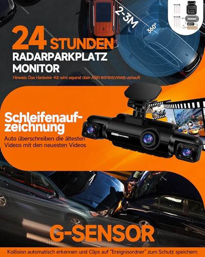 360° Dashcam Auto Vorne Hinten 4 Kanal Dash Cam Auto Kamera FHD 1080Px4,4×150° Weitwinkel,WDR-Nachtsicht (8 IR-LEDs), 3,18" IPS Display, G-Sensor,WiFi GPS,24/7 Parkmodus, 64GB SD-Karte – Bild 5