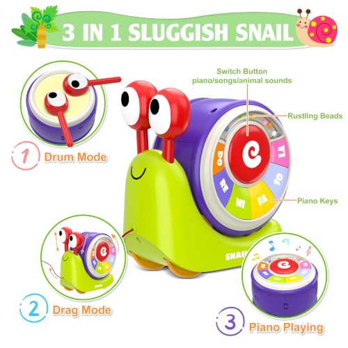 Ciesa 3 in 1 Musical Toddler Toys for 1-3 Year Old, Pull Along Snail Toy with Baby Piano and Light Up Drum Set, Early Learning Developmental Toys, Sensory Baby Toys and Birthday Gifts for Toddlers - image 6