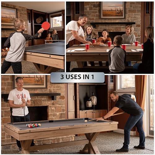 7 FT 3 in 1 Multi Game Pool Table with Dining Top Ping Pong Table Combo, Includes Pool Table Accessories and Tennis Paddles. Dust Cover Included. (Rustic Oak with Grey Felt)