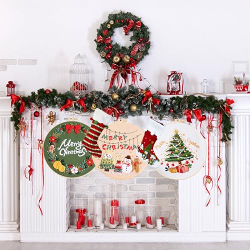 Image of LB Christmas Embroidery Kit for Beginners Adults, 3 Sets Hand Embroidery Starter Kit with Wreath Pattern and Instructions Stamped Cross Stitch Kits Include Embroidery Hoop Needles Threads Scissors