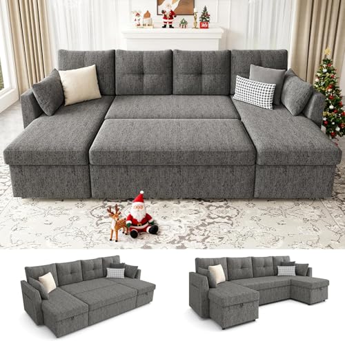 Huatean Home Oversized Sleeper Sofa Couch, 110 inch 2 in 1 Pullout Couch Bed with Double Storage Chaise, Sectional Sleeper Sofa Bed with Side Pocket for Living Room, Dark Grey