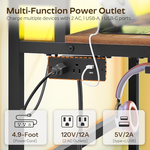 Image of YATINEY Small Computer Desk with Charging Station and LED Lights, Gaming Desk with Monitor Stand, 2-Tier Home Office Desk with 4 Side Hooks, for Living Room, Home Office, Rustic Brown DN01UDBRY2