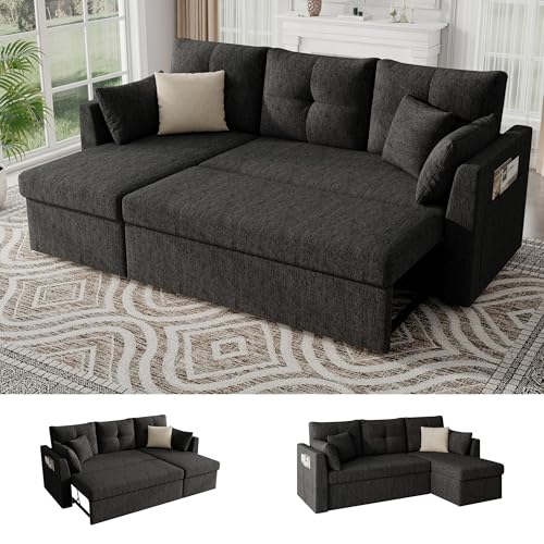 Image of Huatean Home Sleeper Couch Sofa, Sectional Sleeper Sofa Bed with Side Pocket for Living Room, 2 in 1 Pullout Couch Bed with Storage Chaise, Black