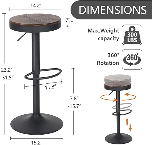 Miniatura 2 de Kidol & Shellder Juego de 2 taburetes de bar giratorios de altura ajustable, asiento redondo de madera de nogal, sillas de bar modernas sin brazos