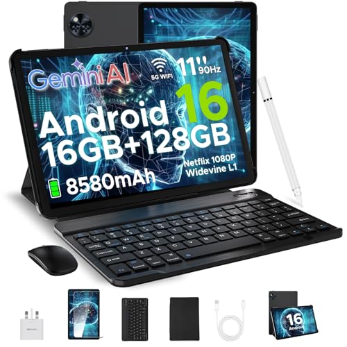 POPUX U11 Tablette Android 16, 11 Pouces Tablette avec Clavier, 16GB RAM+128GB ROM(2TB TF), T7200Octa-Core Tablette Tactile 90Hz, 8580mAh, Gemini AI,Tablette...