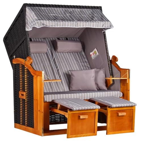 MR. DEKO® Strandkorb Ostsee Volllieger 2-Sitzer | PE Geflecht Schwarz...