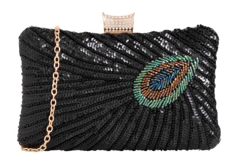 Girly Handbags Bolso de mano rígido inspirado en el pavo real para mujer con marco metálico y correa de cadena desmontable, elegante bolsa de noche para ocasiones formales y eventos especiales, Black