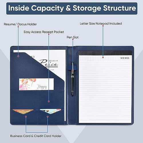 Image of Pacific Mailer Padfolio Portfolio Leather Binder, Interview Legal Document Organizer, Business Card Holder Included Letter Sized Writing Pad [Blue, Piano Noir Faux Leather Matte Finish]