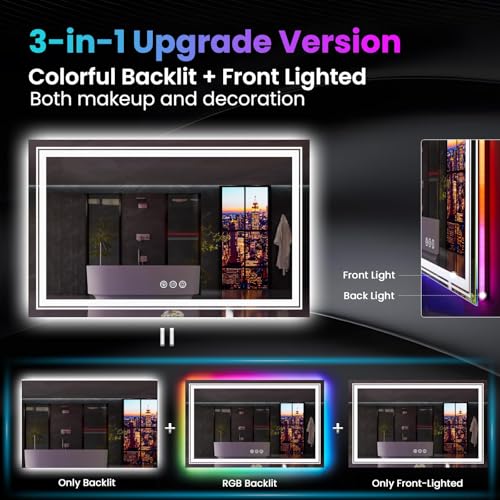 LED Mirror for Bathroom, 55"X36" with 8 RGB Backlit +3 Front Lit (Adjustable Individually), Anti-Fog, Large Lighted Bathroom Vanity Mirror for Wall,Shatterproof,Memory Function,Tempered Glass
