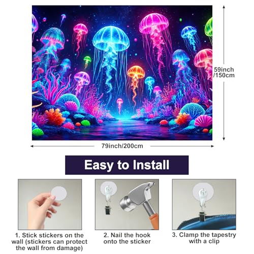 Image of BlissYard Blacklight Jellyfish Tapestry UV Reactive Neon Jellyfish Wall Hanging Tapestry Glow in The Dark Fantasy Ocean Underwater Tapestry for Bedroom Party Backdrop Living Room 59 X 78 inch