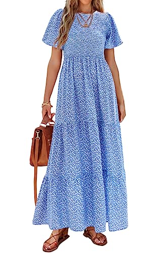 Image of PRETTYGARDEN Women's 2026 Summer Casual Flutter Short Sleeve Boho Floral Maxi Dress Crew Neck Smocked Tiered Long Dresses