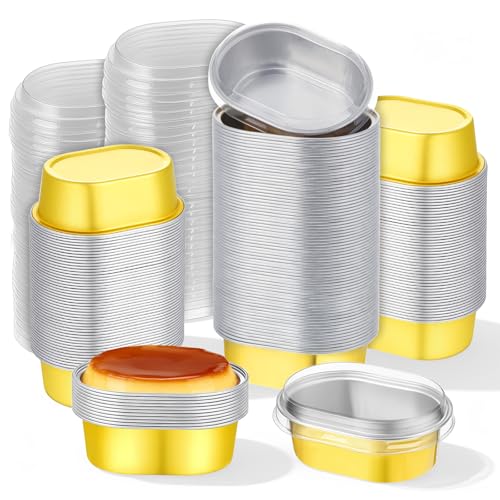 LIQWEI 150 Pack Mini Aluminum Baking Cups with Lids, 3 OZ Disposable Ramekins Muffin Liners Containers Cupcake Foil Liners Gold Individual Pie Tin Cup for Dessert Creme Brulee Pudding Cupcake