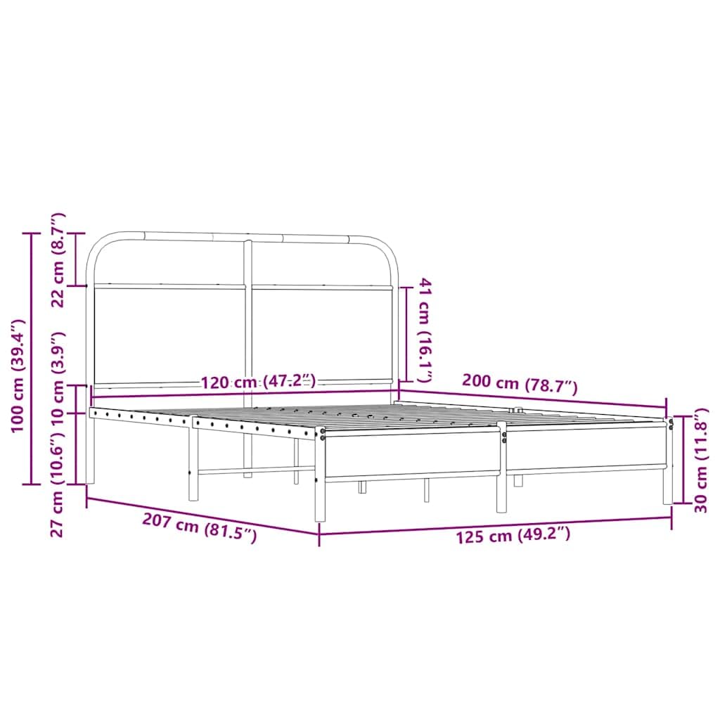 Estructura de cama de metal de 120 x 200 cm, sin colchón, cabecero de roble Sonoma, diseño moderno, marco de acero, somier de láminas de 27 cm de altura, para dormitorio y habitación de