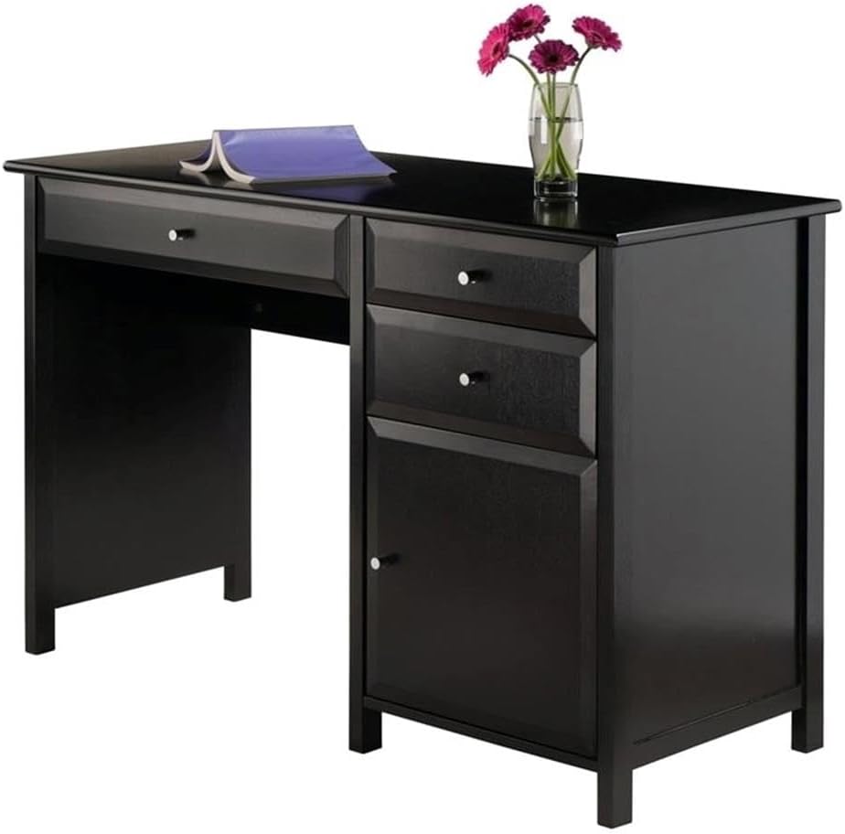 Pemberly Row Transitional Composite Wood Office Writing Desk, Black Finish, 47.24" W x 20.24" D x 30.71" H, Silver Metal Drawer Knobs, Storage Cabinet and Drawers, Home Office or Den Workstation