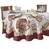 Newbridge Country Thanksgiving Turkey Fabric Bordered Tablecloth, Fall Autumn Pumpkin Harvest Leaf Toile Cottage Print, Soil Resistant, No Iron Easy Care Tablecloth, 70 Inch Round