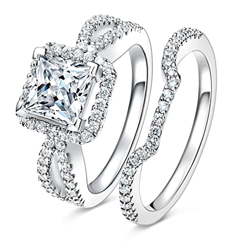 Gemsme Wedding Engagement Rings Set, 18K White Gold Plated Teardrop Cut Cubic Zirconia Halo Promise Ring for Women