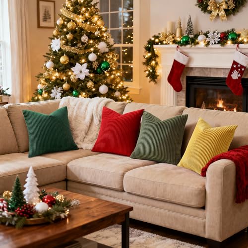 Image of Mecatny Corduroy Throw Pillow Covers 26x26 Set of 2 Christmas Red