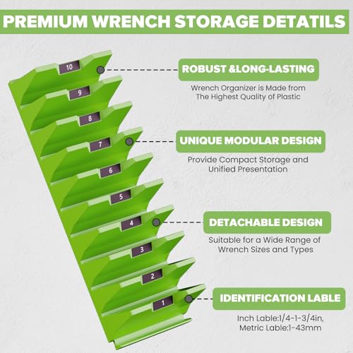 80PCS Modular Wrench Organizer Wrench Holder - Wrench Tool Organizers for Tool Drawer Storage, Wrench Storage Set with Metric & SAE Label, Wrench Rack Tool Gift for Professional Mechanics Men, Green