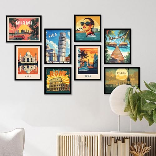 Image of kotart Retro Travel Theme Wall Poster with Frame for Room Office Living Room Hotel Home Decor - Modern Art City Vibes Wall Decor Photo Frames - Framed Posters / Paintings Set of 8 (Art 5, Small(10x13 or 10x10 inch), Framed)