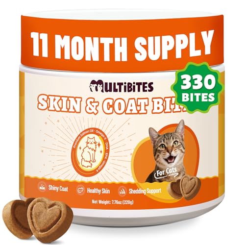 MUITIBITES 7.76 oz Skin & Coat Bites for Cats - with Omega 3 Omega 6 from Salmon Oil for Cats Cat Vitamin E Biotin - Supports Cat Skin Care Anti Shed & Allergy Relief - Cats Skin and Coat Supplement