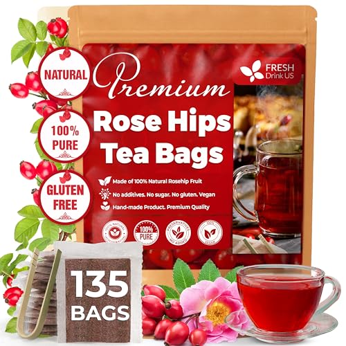 FreshDrinkUS, Premium 135 Rosehip Tea Bags, 100% Natural & Pure from Rose Hip Fruits. Loose Rosehip Herbal Tea. Made with Natural Material Tea Bags. No Sugar, No Caffeine, No Gluten, Vegan.