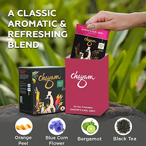 Image of CHAYAM Baron's Earl Grey Tea Bags with Citrusy Orange Peel & Blue Corn Flower | 20 Tea Bags, Pack of 2 | 100% Natural Bergamot Oil | Whole Leaf Assam Orthodox Black Tea | Make Hot or Iced Tea