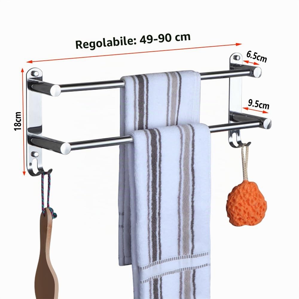 Portasciugamani Muro HONPHIER® Portasciugamani da Parete Porta Salviette Da Bagno Porta Salviette Acciaio Inossidabile Cromato Retrattile 49-90CM Portasciugamani Cromo (2 Barre)