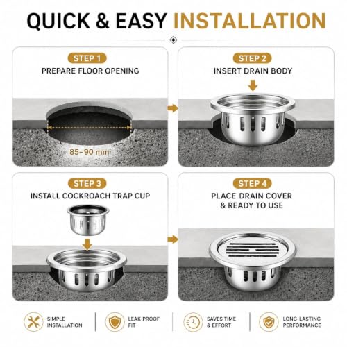 Image of Classic Round Floor Drainer 5 x 5 Inch 304 Grade Stainless Steel Floor Drain Cover Jali with Cockroach Trap Glossy Rust Resistant Drain Strainer for Bathroom Kitchen Balcony Utility Area