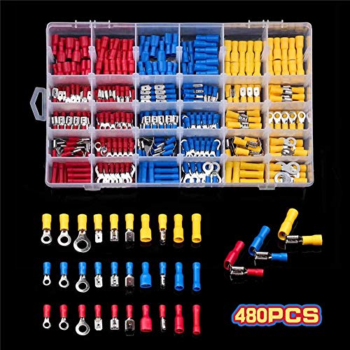 Davitu Terminals - 480Pcs Electrical Wire Connectors Crimp Terminals Mixed Insulated Spade/Ring/Bullet/Piggy Back Crimping Terminal Assorted Kits
