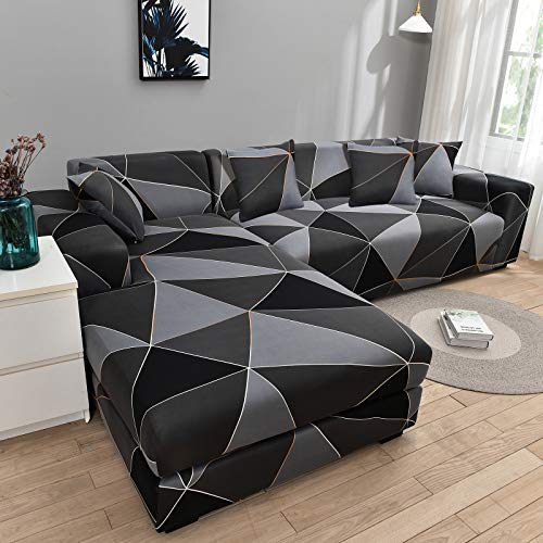 ele ELEOPTION Sofa Überwürfe elastische Stretch Sofa Bezug 2er Set 3 Sitzer für L Form Sofa inkl. 2 Stücke Kissenbezug (Schwarz Grau)