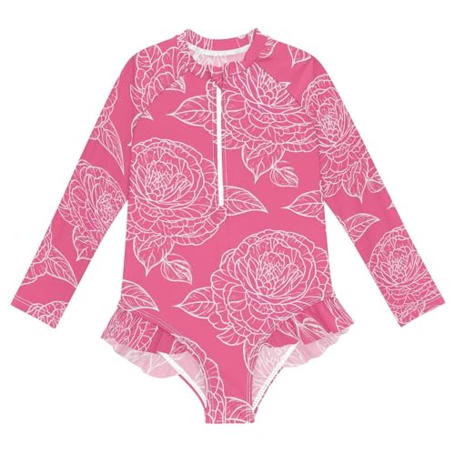 J JOYSAY Outline Camellia Blossom Magenta Girls One Piece Swimsuits Long Sleeve UPF 50+ Rash Guard Kids Swimwear 3-12 Years